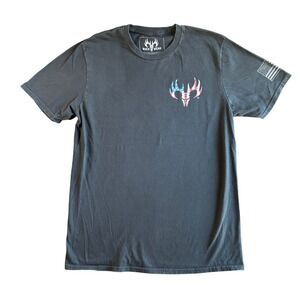 Buck Wear Mens Medium Gray Graphic‎ T-Shirt American Flag Skull Live Free